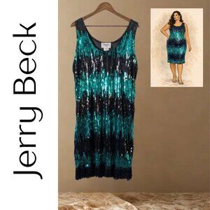 Jerry Beck Teal & Black Sequin Flapper Dress w/ Fringe | 1920s Gatsby Party